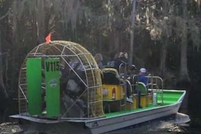 An airboat with passengers travels through a swamp with trees in the background.